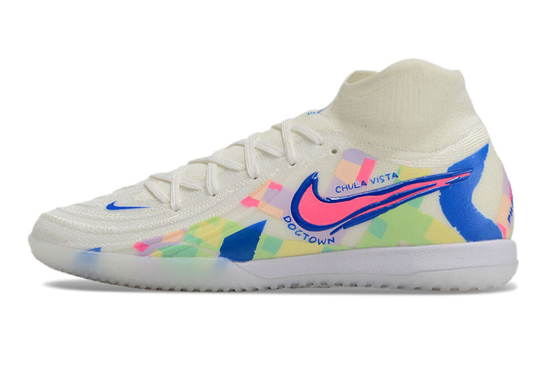 Chuteira Futsal Nike Phantom Luna Elite IC Branca, Azul e Rosa "Rainbow Pack"