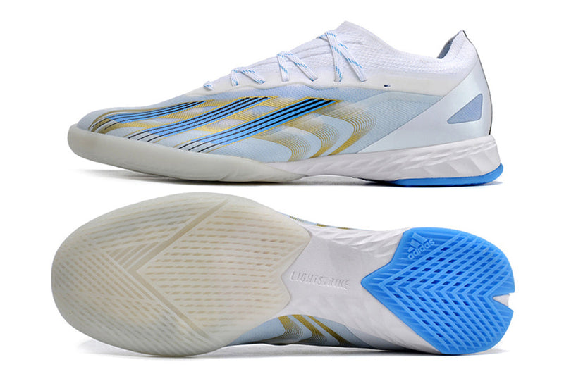 Chuteira Futsal Adidas X CrazyFast.1 IC Branca, Azul e Dourada "Las Estrellas"