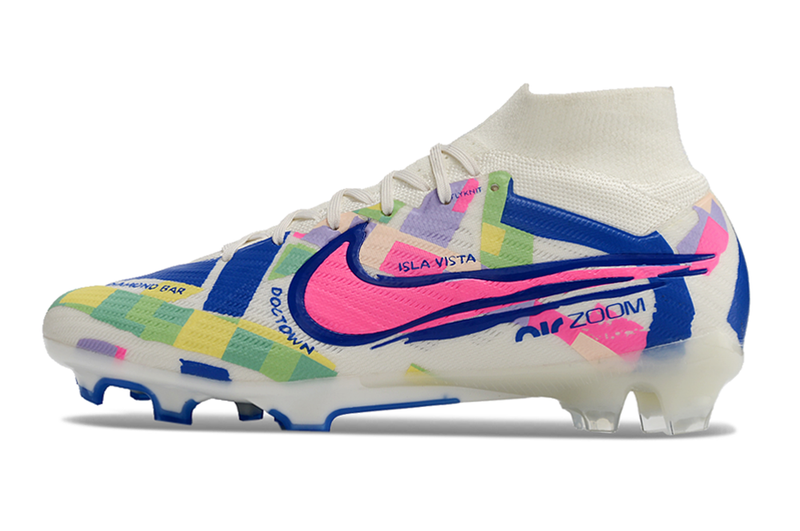 Chuteira Campo Nike Air Zoom Mercurial Superfly 9 Elite FG Branca, Azul e Rosa "SoCal Pack"