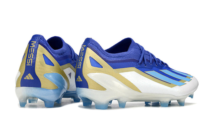 Chuteira Campo Adidas X Crazyfast Messi+ FG Azul, Branco e Dourado "Spark Gen10s"