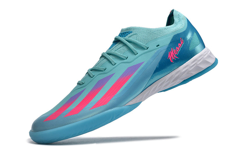 Chuteira Futsal Adidas X CrazyFast Messi.1 IC Azul e Rosa "Miami Vice"