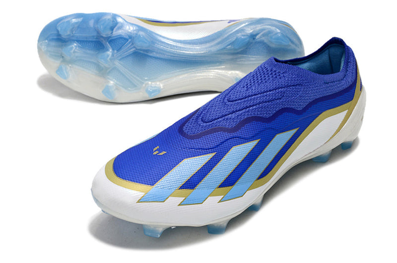 Chuteira Campo Adidas X Crazyfast Messi.1 FG Azul, Branco e Dourado "Spark Gen10s"