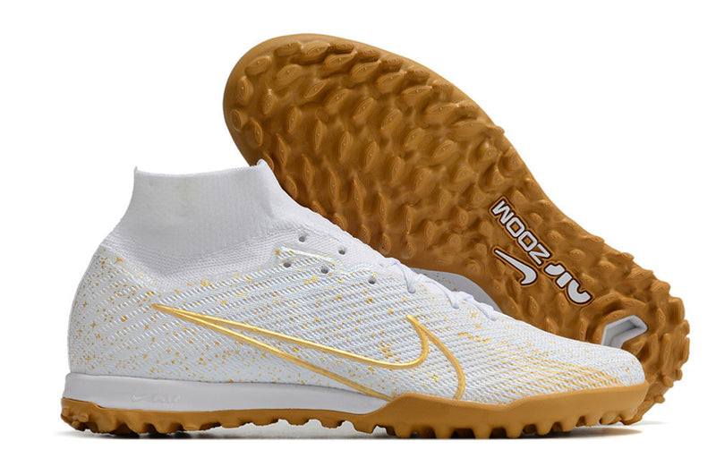 Chuteira Society Nike Air Zoom Mercurial Superfly 9 Elite TF Branca e Dourado