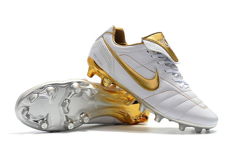 Chuteira Campo Nike Retrô Tiempo Legend 7 Elite FG Branca e Dourada R10