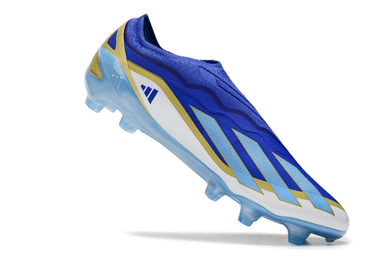 Chuteira Campo Adidas X Crazyfast Messi.1 FG Azul, Branco e Dourado "Spark Gen10s"