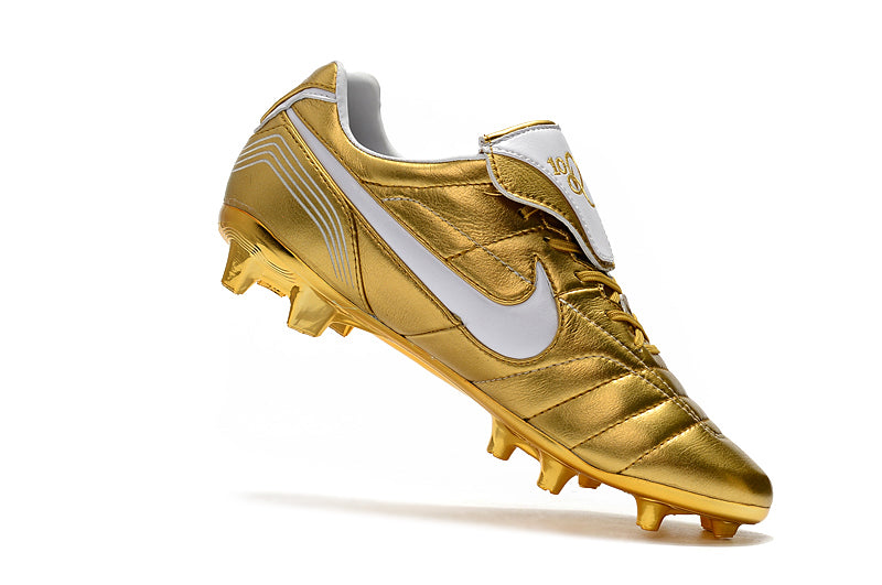 Chuteira Campo Nike Retrô Tiempo Legend 7 Elite FG Dourado e Branco R10