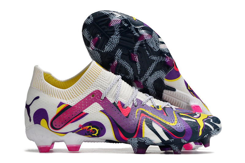 Chuteira Campo Puma Future Ultimate FG Branca e Roxa "Creativity Pack"