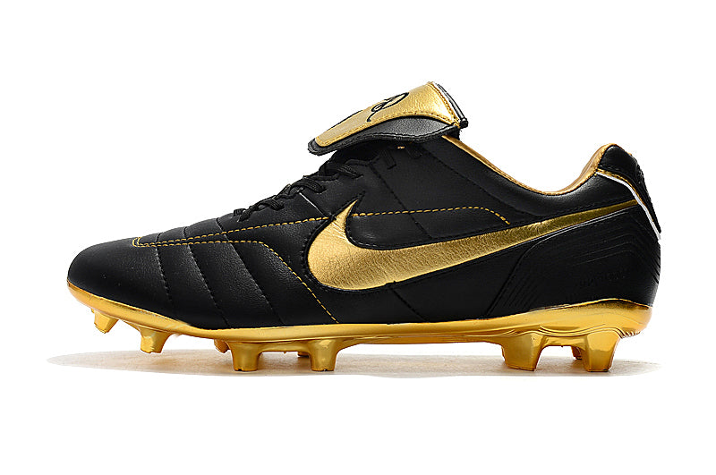 Chuteira Campo Nike Retrô Tiempo Legend 7 Elite FG Preta e Dourada R10