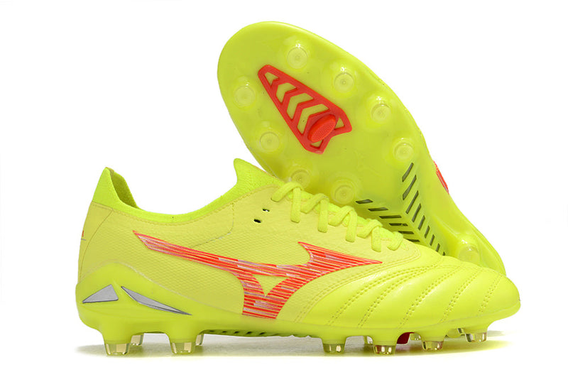 Chuteira Campo Mizuno Morelia Neo 4 Beta FG Amarelo e Vermelho "Dyna Pack'