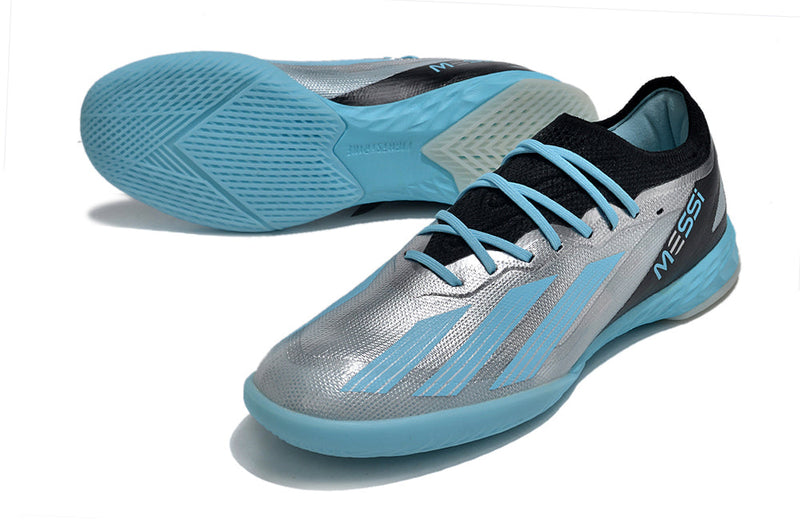 Chuteira Futsal Adidas X CrazyFast Messi.1 IC Prata e Azul "Infinito"