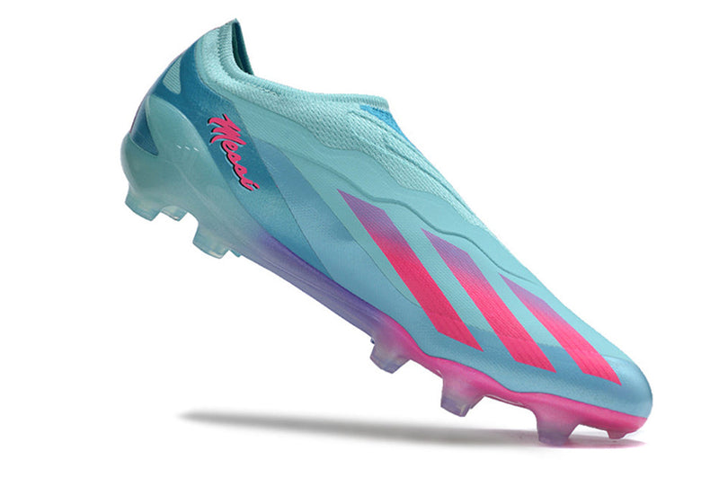 Chuteira Campo Adidas X CrazyFast Messi.1 LL FG Azul e Rosa "Miami Vice"