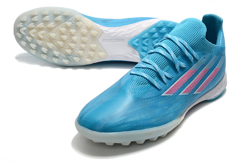 Chuteira Society Adidas X Speedflow.1 TF Azul e Rosa "Sapphire Edge Pack"