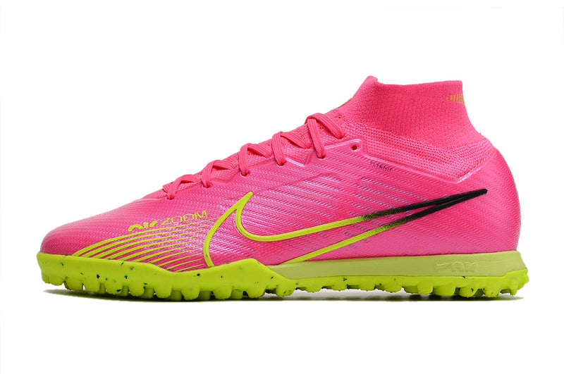 Chuteira Society Nike Air Zoom Mercurial Superfly 9 Elite TF Rosa e Verde "Luminous Pack"