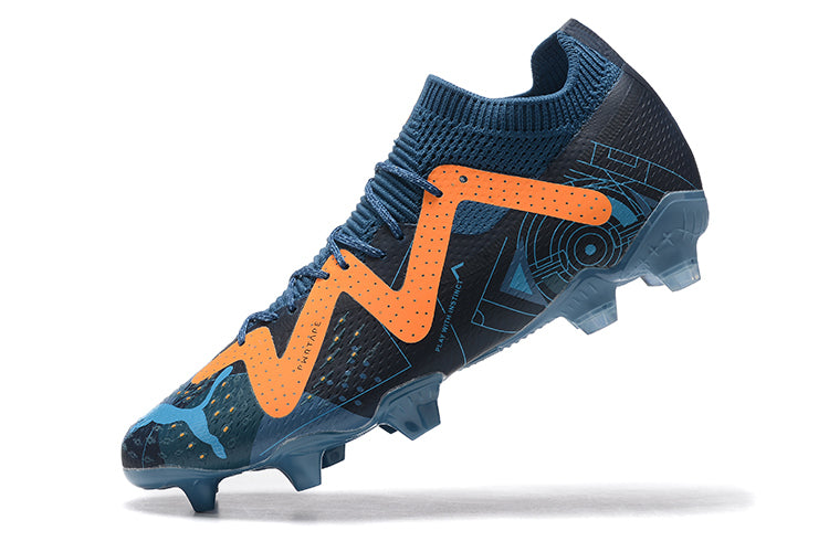 Chuteira Campo Puma Future Ultimate FG Azul e Laranja "DNA Pack"