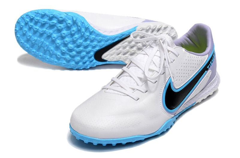 Chuteira Society Nike Tiempo Legend 9 Elite TF Branca e Azul "Blast Pack"