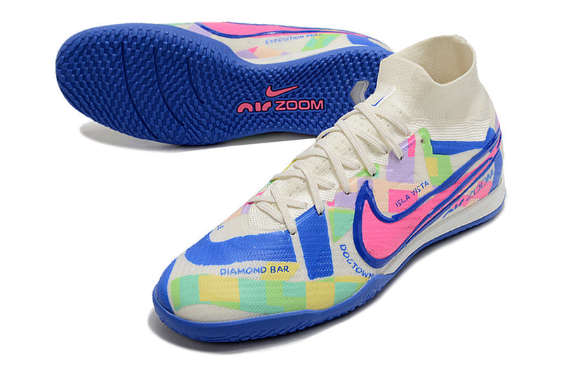 Chuteira Futsal Nike Air Zoom Mercurial Superfly 9 Elite IC Branca, Azul e Rosa "SoCal Pack"