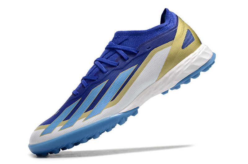 Chuteira Society Adidas X Crazyfast Messi.1 TF Azul, Branco e Dourado "Spark Gen10s"