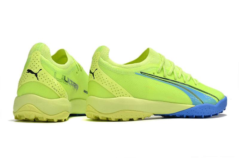 Chuteira Society Puma Ultra Ultimate 1.4 TF Verde e Azul "Fastest Pack"