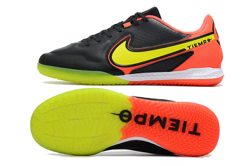 Chuteira Futsal Nike Tiempo Legend 9 Elite IC Preto, Laranja e Amarelo