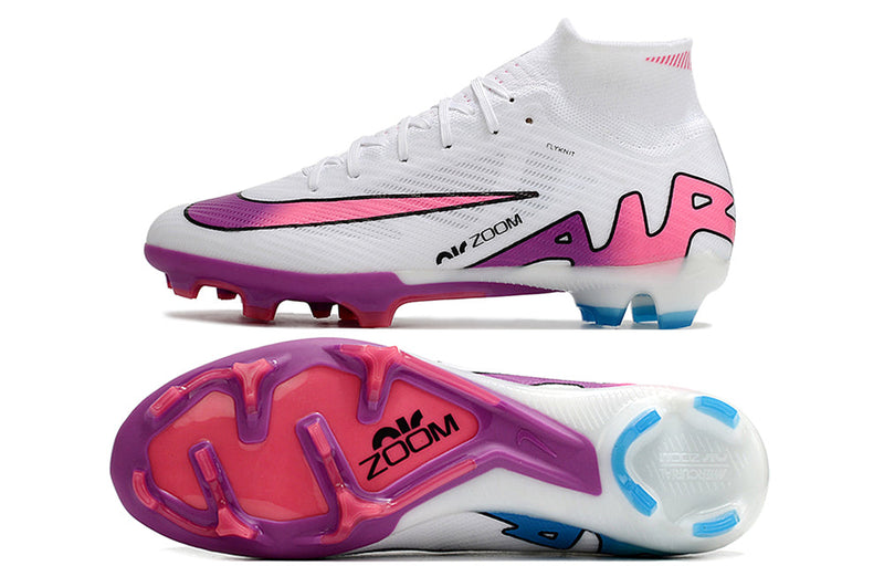 Chuteira Campo Nike Air Zoom Mercurial Superfly 9 Elite FG Branca e Roxa