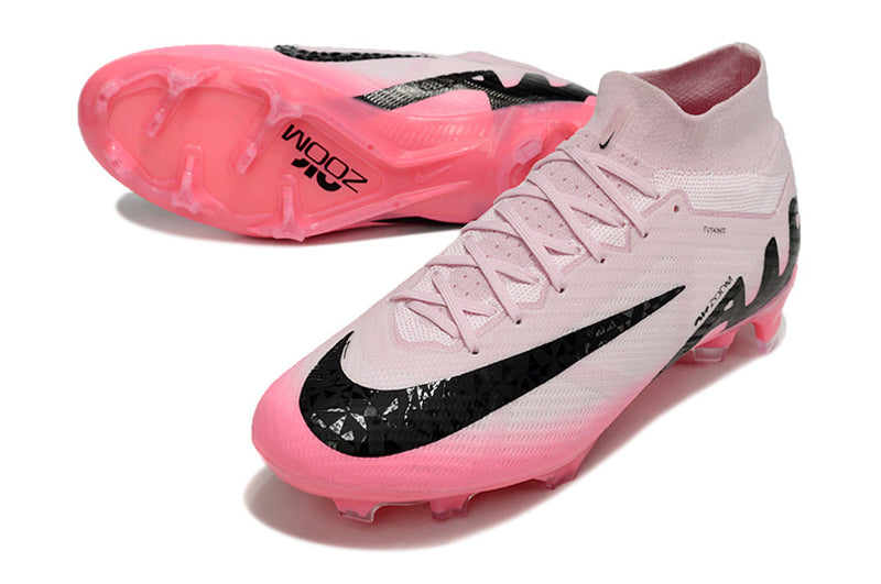 Chuteira Infantil Campo Nike Air Zoom Mercurial Superfly 9 Elite FG Rosa e Preto "Mad Brilliance Pack"