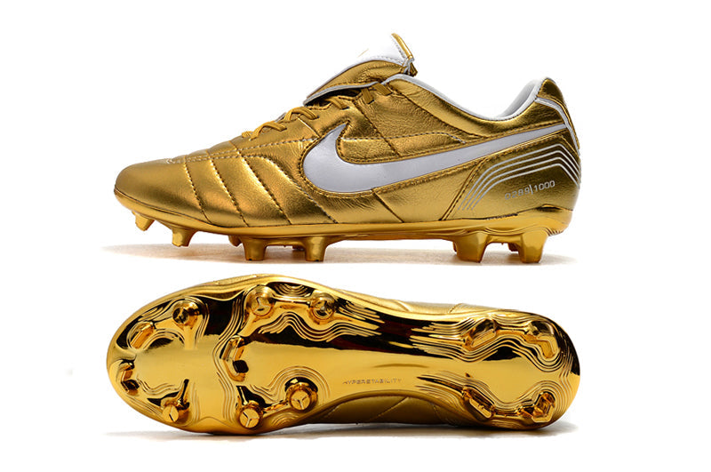 Chuteira Campo Nike Retrô Tiempo Legend 7 Elite FG Dourado e Branco R10