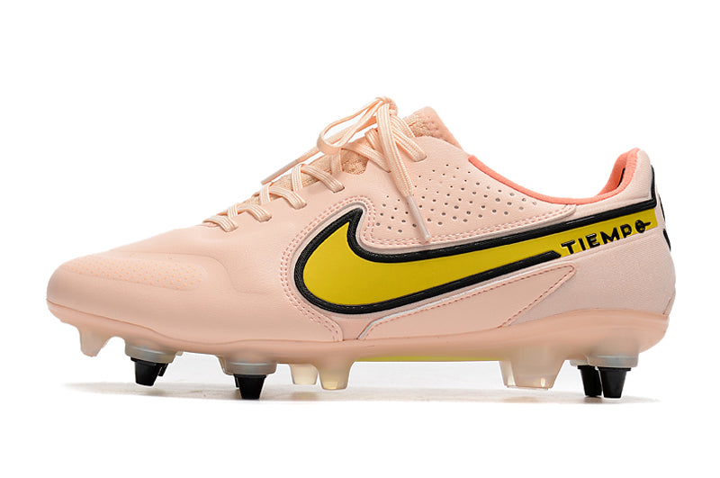 Chuteira Campo Nike Tiempo Legend 9 Elite Trava Mista Rosa e Amarelo "Lucent Pack"