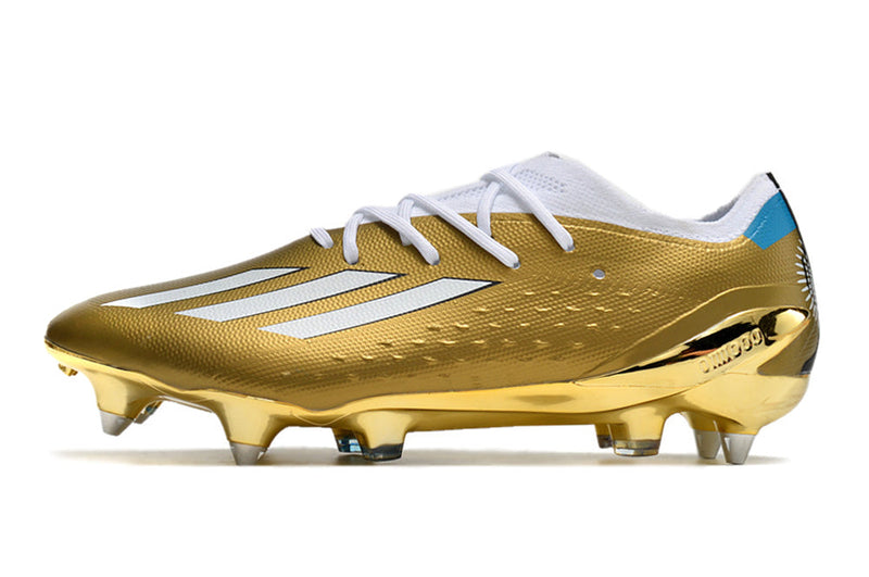 Chuteira Campo Adidas X Speedportal Messi.1 Ponta de Aluminio Dourada e Branca "Leyenda"