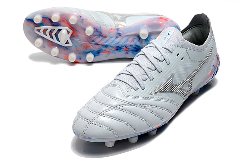 Chuteira Campo Mizuno Morelia Neo 3 FG Branca, Prata e Azul