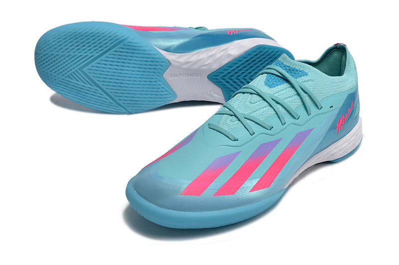 Chuteira Futsal Adidas X CrazyFast Messi.1 IC Azul e Rosa "Miami Vice"