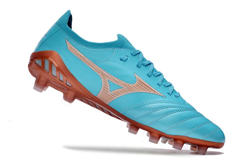 Chuteira Campo Mizuno Morelia Neo 3 FG Azul e Bronze "Azure Blue Pack"