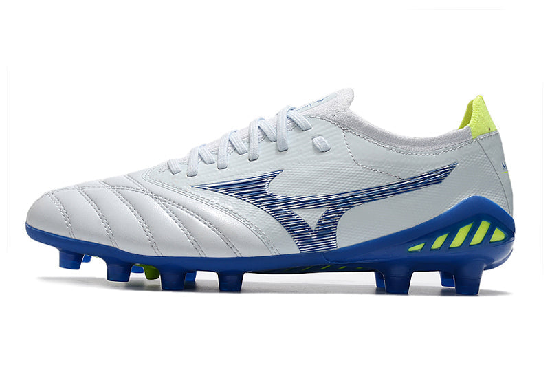 Chuteira Campo Mizuno Morelia Neo 3 FG Branca e Azul "Pre Future Pack"