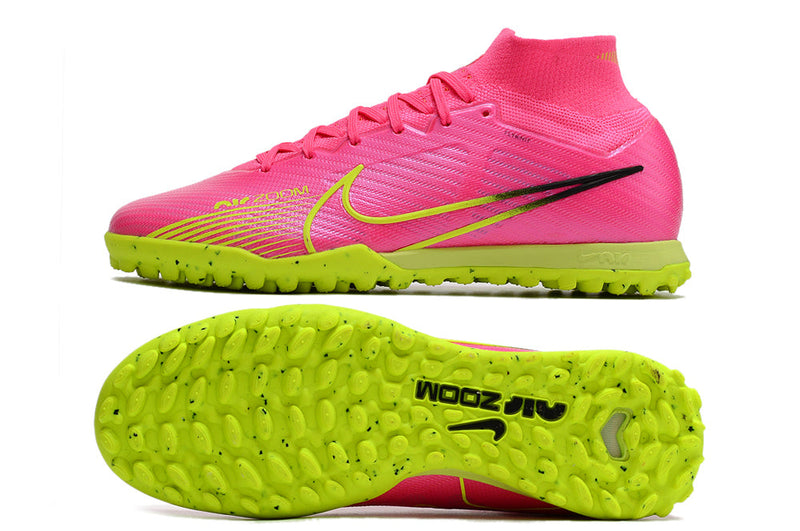 Chuteira Society Nike Air Zoom Mercurial Superfly 9 Elite TF Rosa e Verde "Luminous Pack"