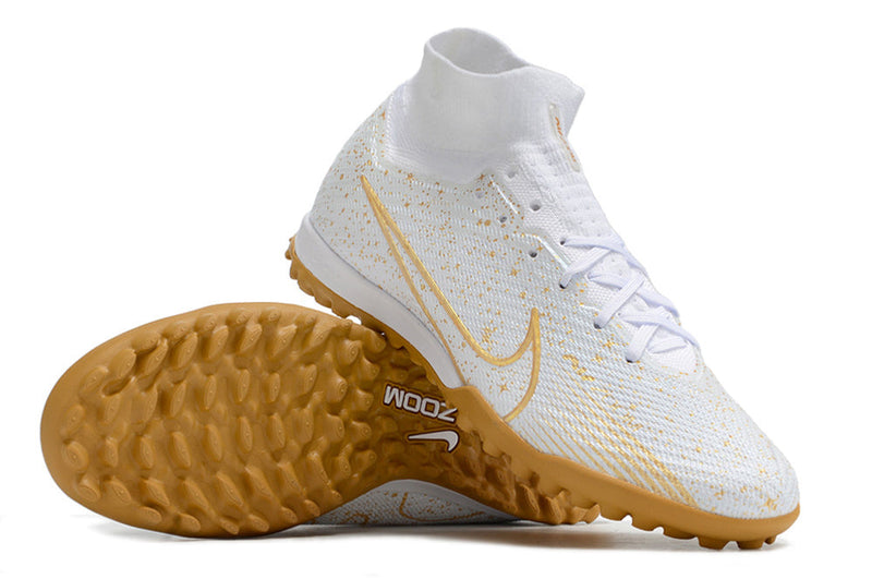 Chuteira Society Nike Air Zoom Mercurial Superfly 9 Elite TF Branca e Dourado