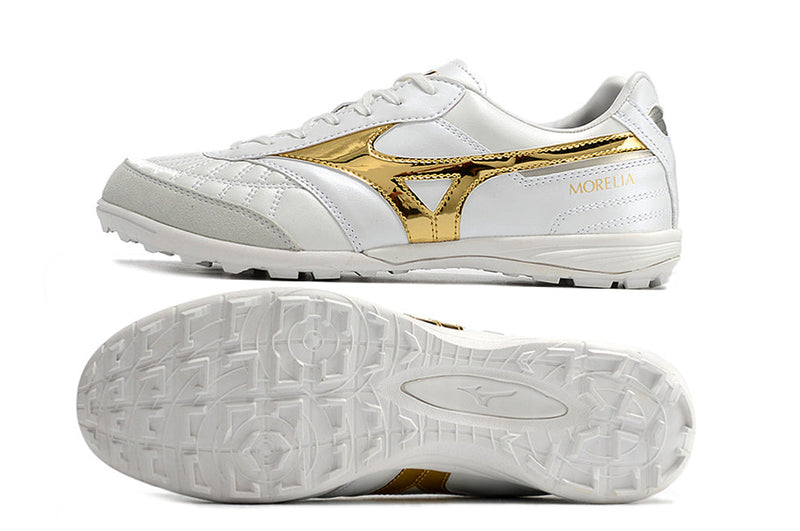 Chuteira Society Mizuno Morelia Sala Japan IC Branca e Dourado