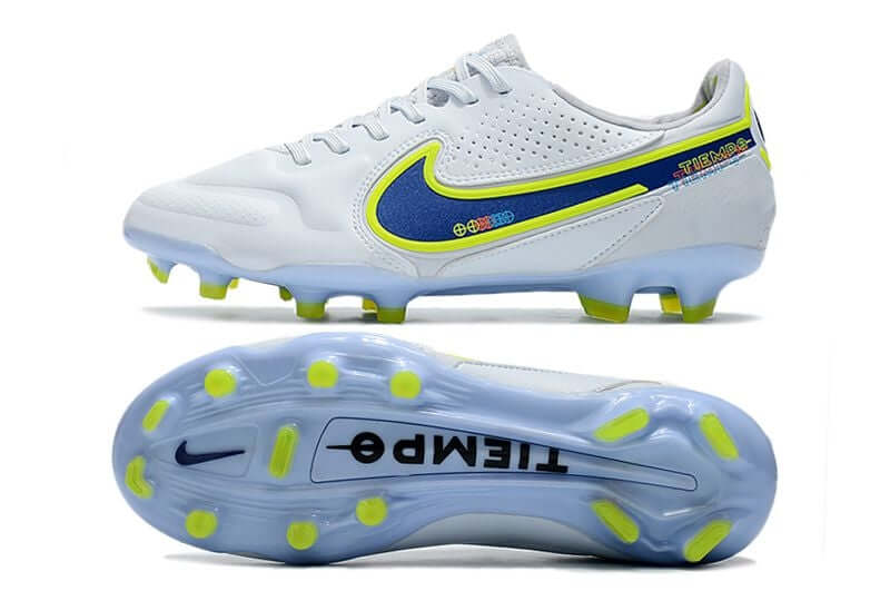 Chuteira Campo Nike Tiempo Legend 9 Elite FG Branca e Azul "Progress Pack"