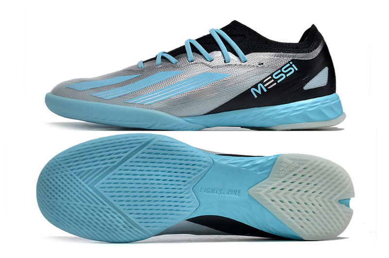 Chuteira Futsal Adidas X CrazyFast Messi.1 IC Prata e Azul "Infinito"