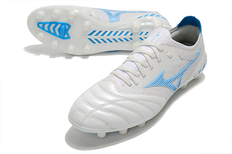 Chuteira Campo Mizuno Morelia Neo 3 FG Branca e Azul