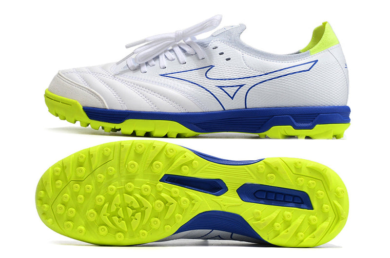 Chuteira Society Mizuno Morelia Neo Beta TF Branca, Azul e Verde "Below Zero"