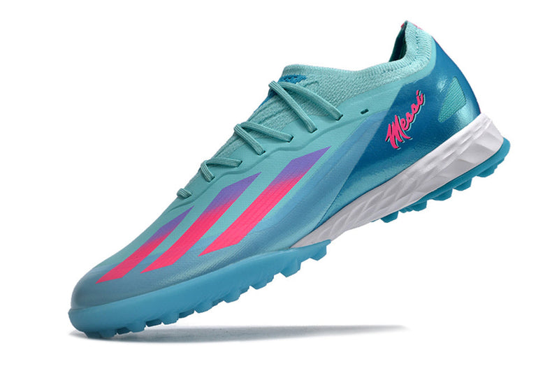 Chuteira Society Adidas X CrazyFast.1 TF Azul e Rosa "Miami Vice"