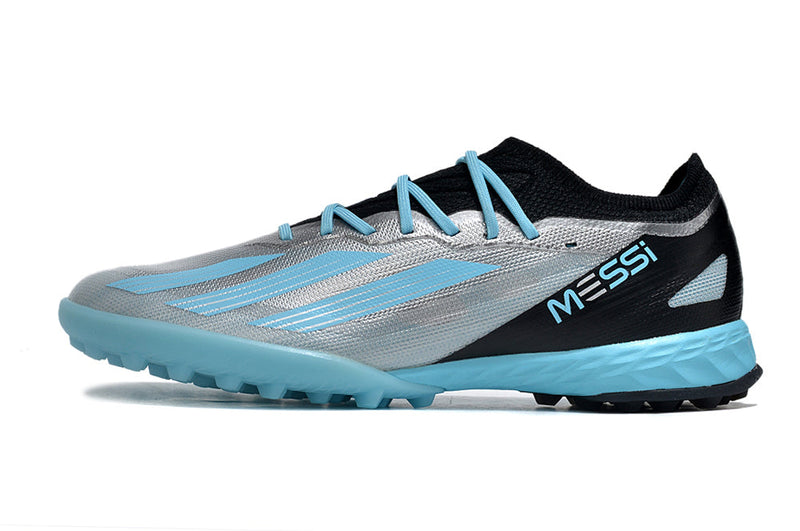 Chuteira Society Adidas X Crazyfast Messi.1 TF Prata e Azul "Infinito"