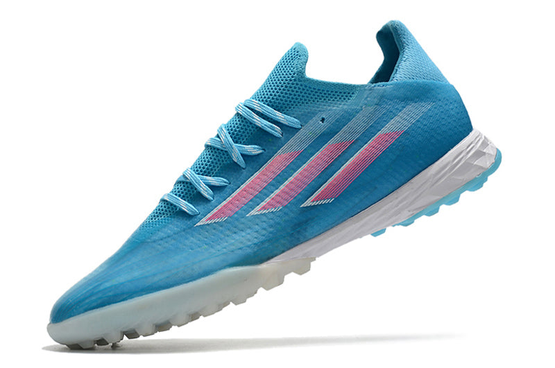 Chuteira Society Adidas X Speedflow.1 TF Azul e Rosa "Sapphire Edge Pack"