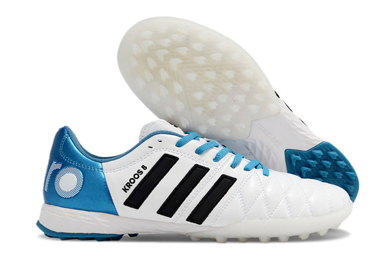 Chuteira Society Adidas AdiPure 11 Pro TF Branca e Azul "Toni Kroos"