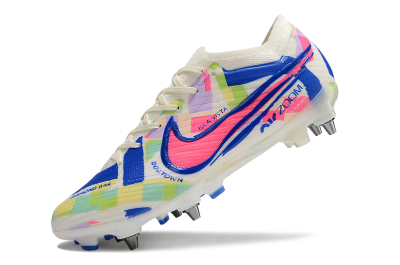 Chuteira Campo Nike Air Zoom Mercurial Vapor 15 Elite Trava Mista Branco, Azul e Rosa