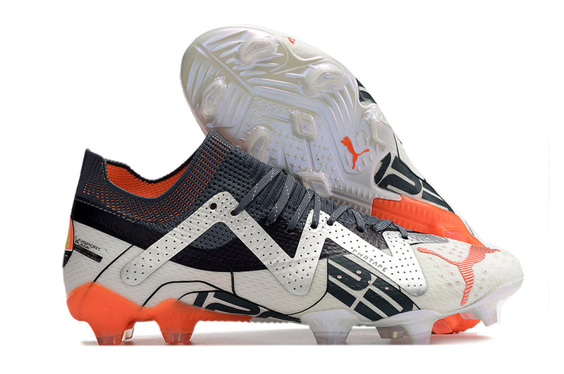 Chuteira Campo Puma Future Ultimate FG Branca, Prata e Laranja "Astronaut Pack"