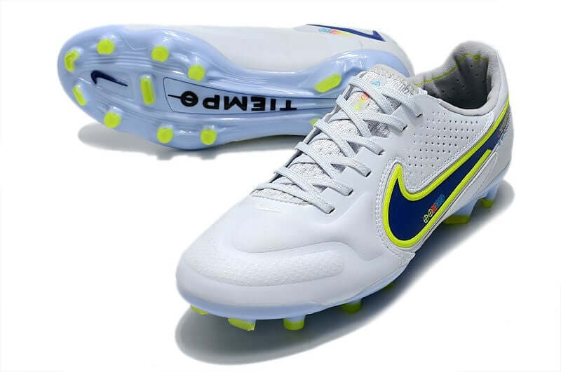 Chuteira Campo Nike Tiempo Legend 9 Elite FG Branca e Azul "Progress Pack"