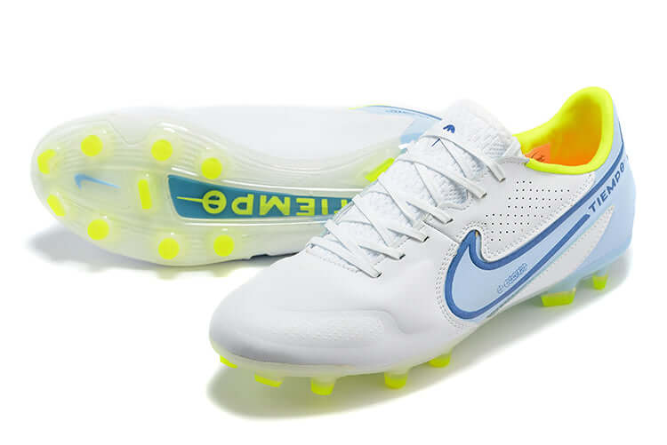 Chuteira Campo Nike Tiempo Legend 9 Elite FG Branca e Azul