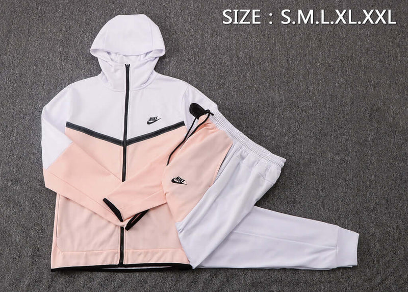 Conjunto de Moletom Nike Sportswear Tech Fleece com Touca Branco, Rosa e Cinza