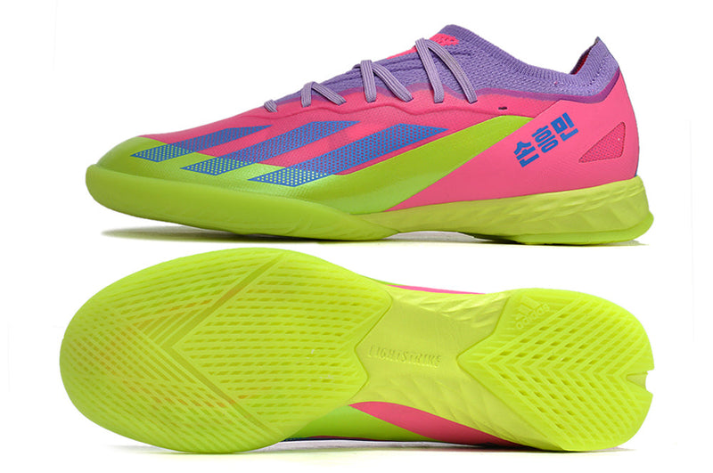 Chuteira Futsal Adidas X Crazyfast.1 IC Rosa e Verde "Son"