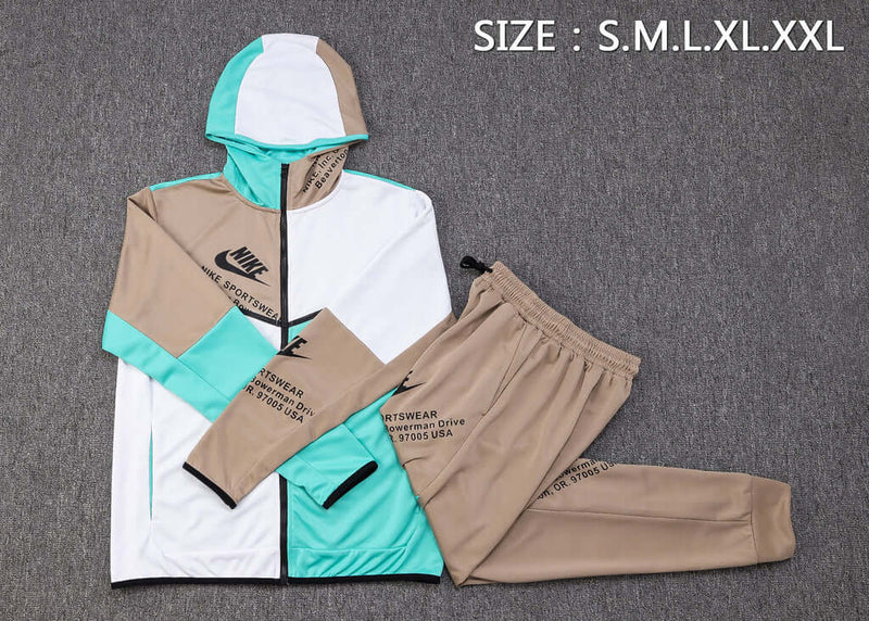 Conjunto de Moletom Nike Sportswear Tech Fleece com Touca Branco, Marrom e Verde